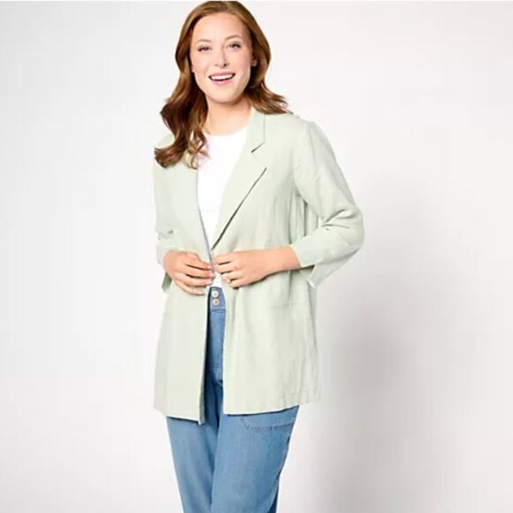 AnyBody Regular Linen Blend Blazer with Side Slits-Aqua Grey-Large - Picture 1 of 4